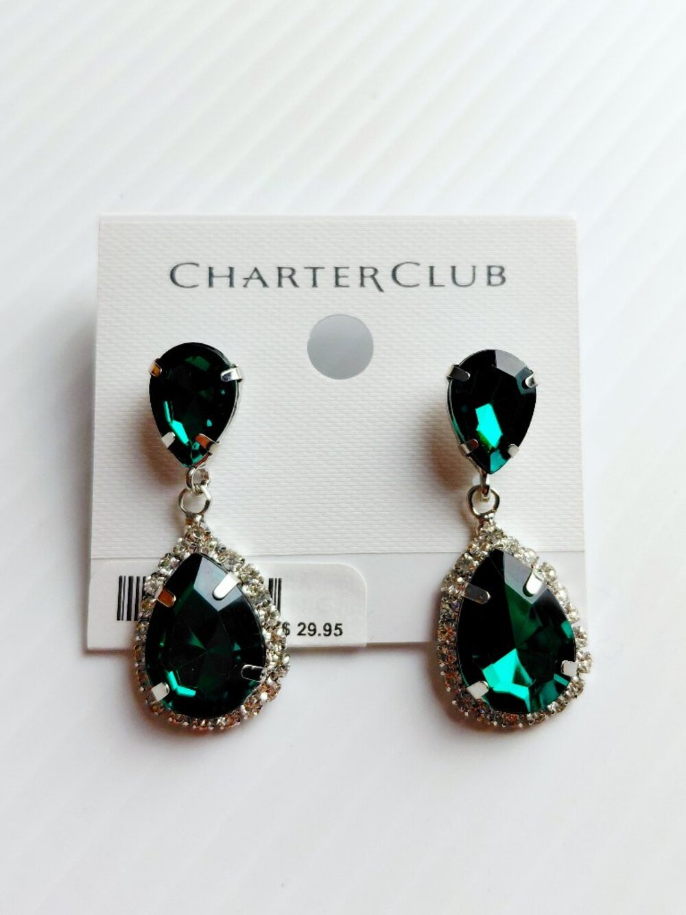 Charter Club Silver Tone Emerald Crystal Rhinestone Drop Earrings Jewelry
